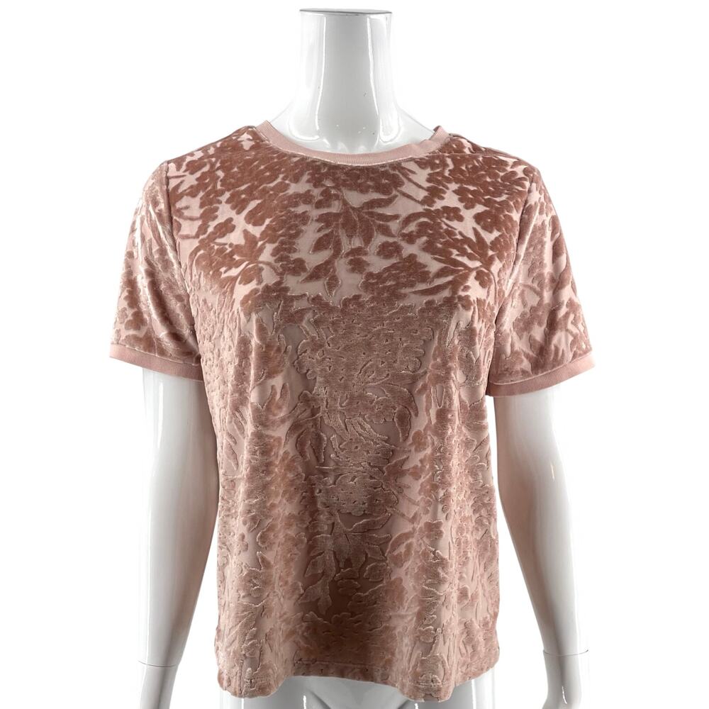A New Day Womens Velour Burnout Top Size Medium Blush Pink Floral Short Sleeve